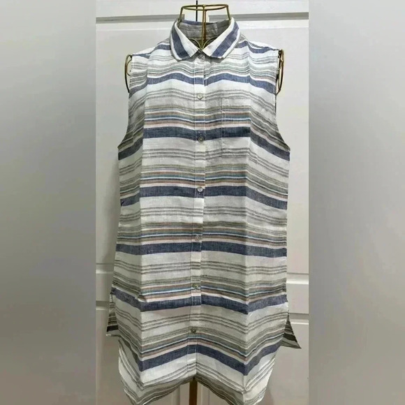 JNY Jones New York Women Large 100% Linen Striped Top Beach Club Sleeveless - Picture 1 of 4